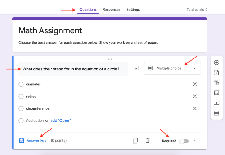 Arrows point to various options for multiple choice questions on a Google Form.