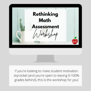 A graphic displays text with information about an online math professional development workshop, Rethinking Math Assessment.