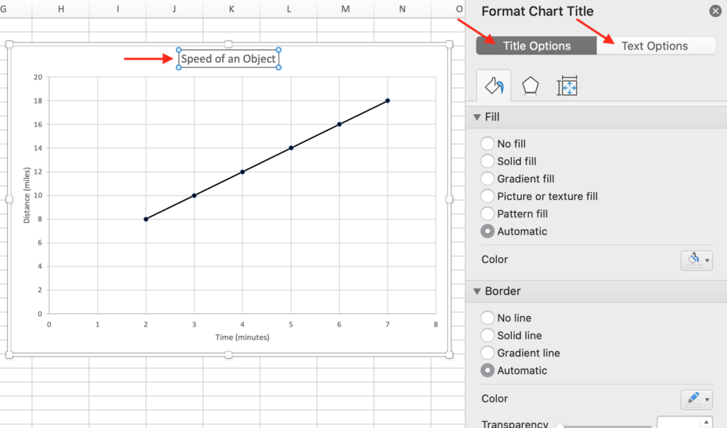 Arrows point to a textbox and a menu in Microsoft Excel labeled "Title Options" and “Text Options”.