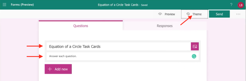 Arrows point to the title, description, and theme options in Microsoft Forms.