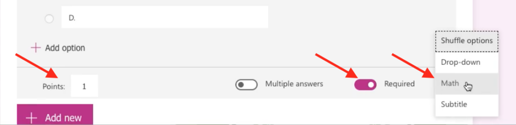 Arrows point to the points, required question, and shuffle options in Microsoft Forms.