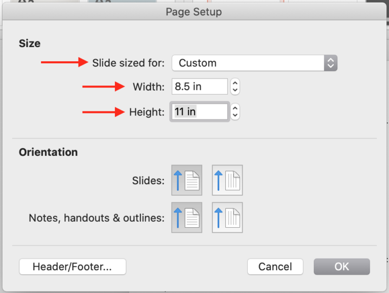 Arrows point to a menu in Microsoft PowerPoint labeled "Slide sized for", “Width”, and "Height".