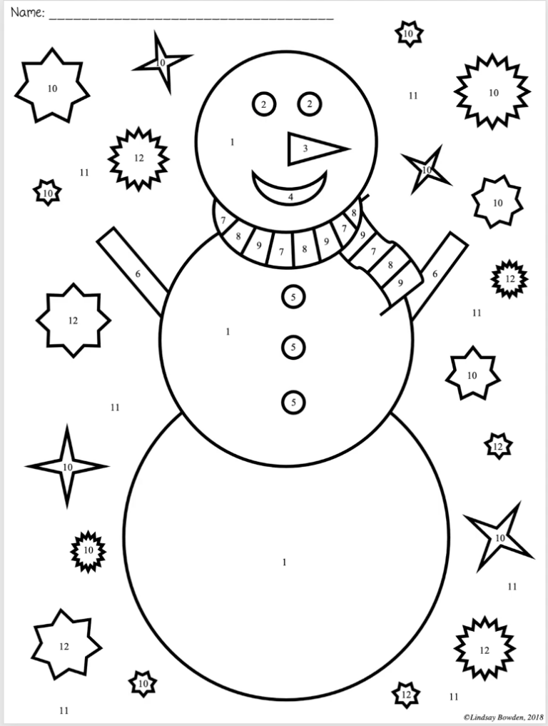 A math worksheet shows a picture of a snowman for a color by number activity.
