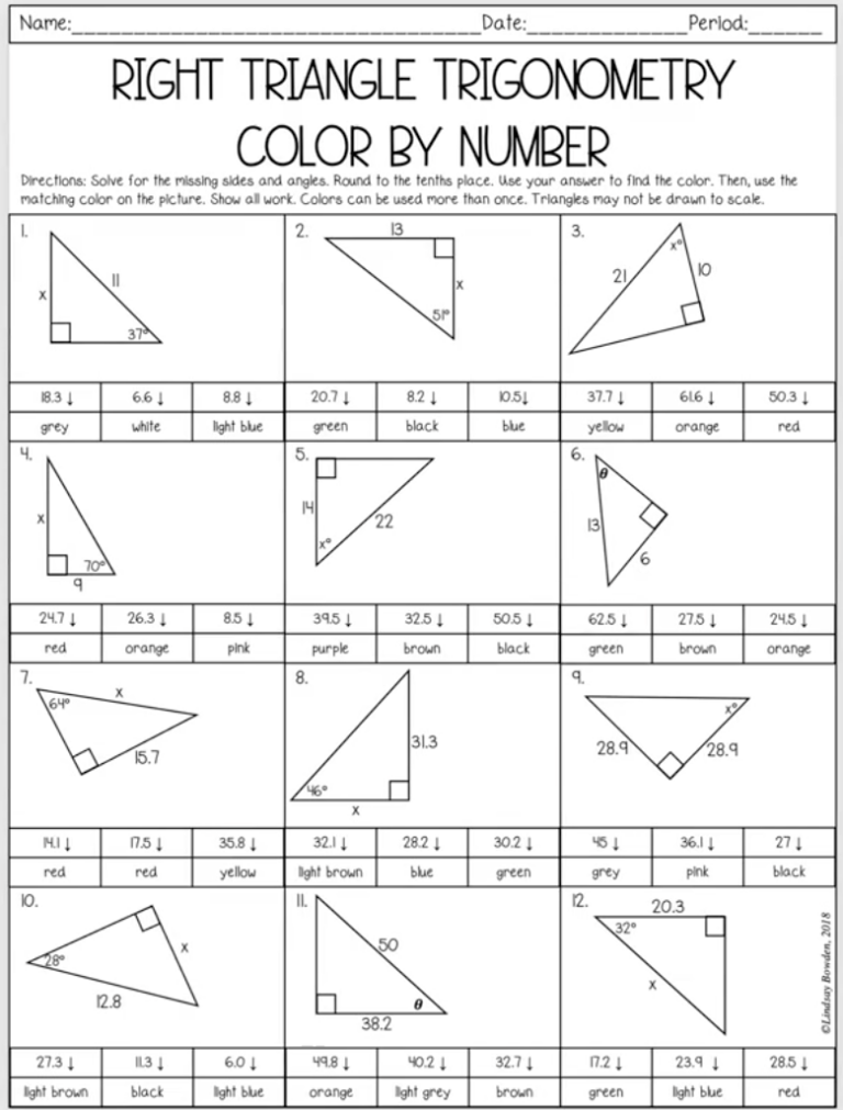 A math worksheet shows questions and answer choices related to right triangle trigonometry.