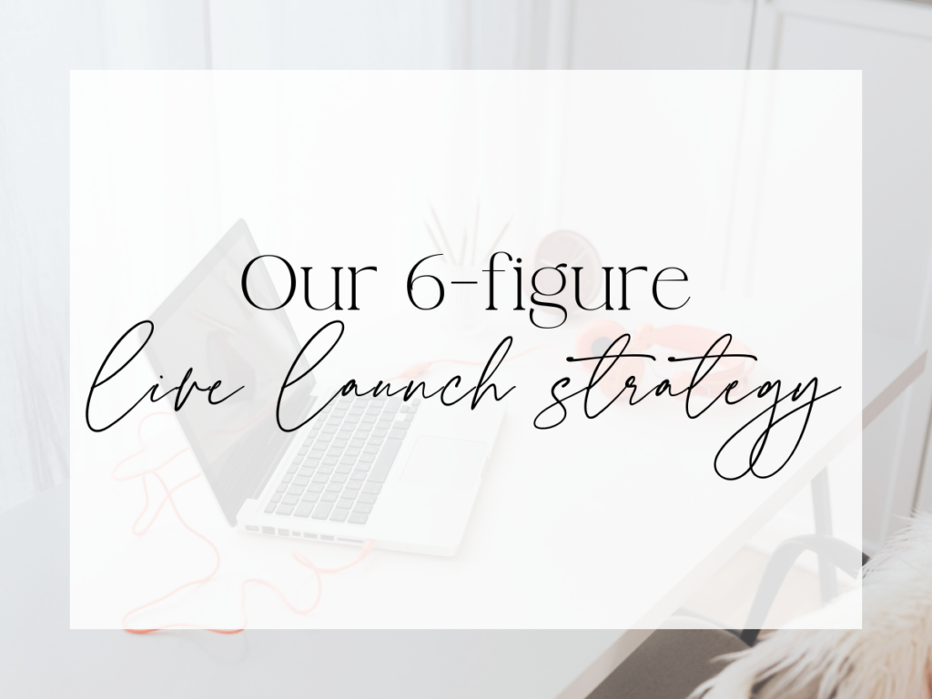 Bright, modern workspace with a laptop and desk accessories in soft neutral tones. Over a white overlay, the text reads: “Our 6-figure live launch strategy.”