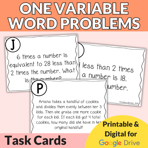 One Variable Word Problems Task Cards