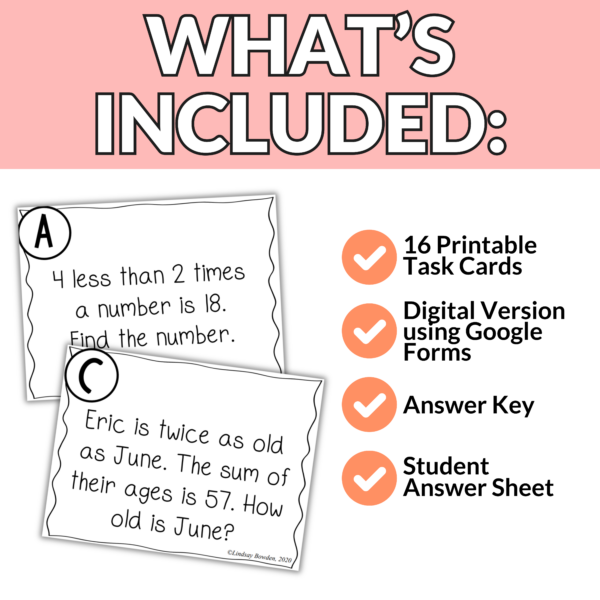 One Variable Word Problems Task Cards - Image 2