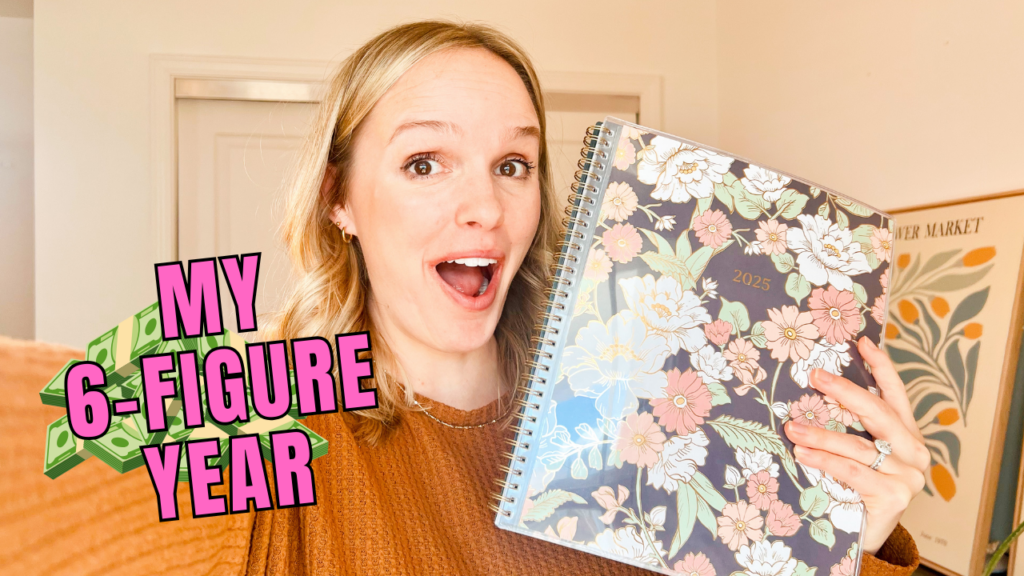 This image shows a woman holding a planner as she is preparing to plan for 2025 and a 6-figure year in her digital product business.