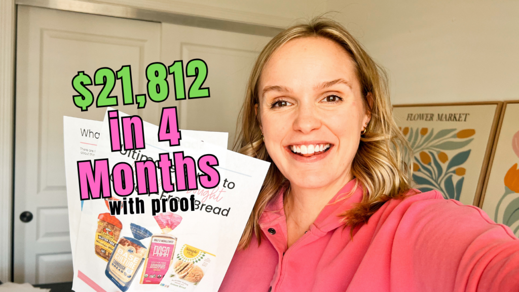 A woman holds two pieces of paper that are examples of printable digital products to sell online. Text overlays that says "$21,812 in 4 months with proof".