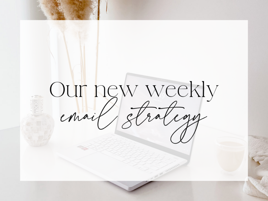 Light, neutral workspace scene with a laptop on a desk, a ceramic vase with dried pampas grass, and a coffee cup. A semi-transparent white overlay displays elegant serif and script text reading: “Our new weekly email strategy.”