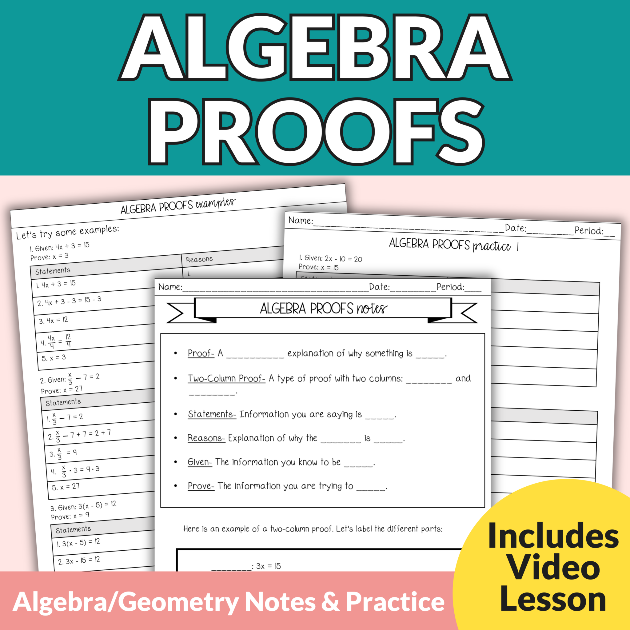 Properties of Equality Algebra Proofs Guided Notes and Worksheets ...