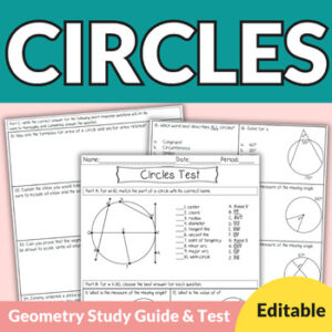 Editable Circles Unit Test with Study Guide for High School Geometry 9th-11th
