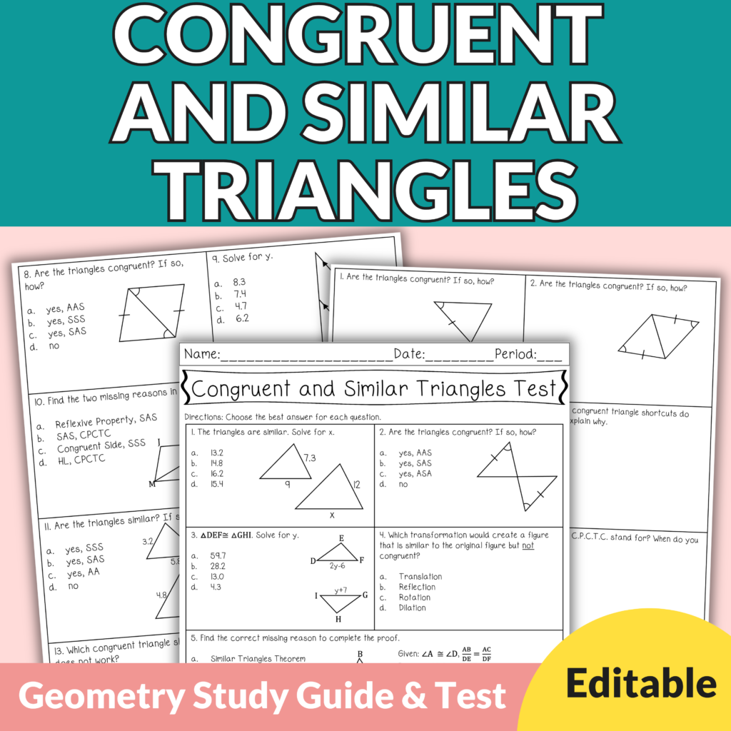 Congruent & Similar Triangles Editable Test & Study Guide for 9th-11th Geometry