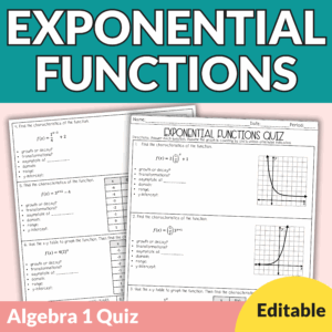 Exponential Functions Quiz with Answer Key and Editable for Grades 9th-11th