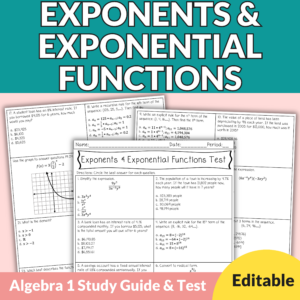 Exponents & Exponential Functions Test & Study Guide 9th - 11th | Editable Test