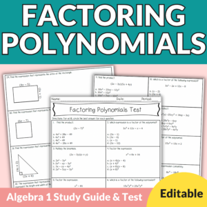 Factoring Polynomials Test & Study Guide for 9th-11th | Editable Algebra Test