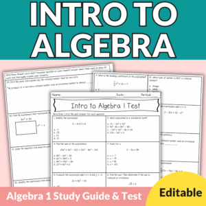 Intro to Algebra Test & Study Guide Editable Assessment for 8th – 10th Grade