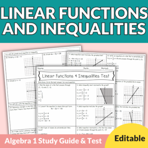 Linear Functions & Inequalities Editable Test & Study Guide for 9th-11th Algebra