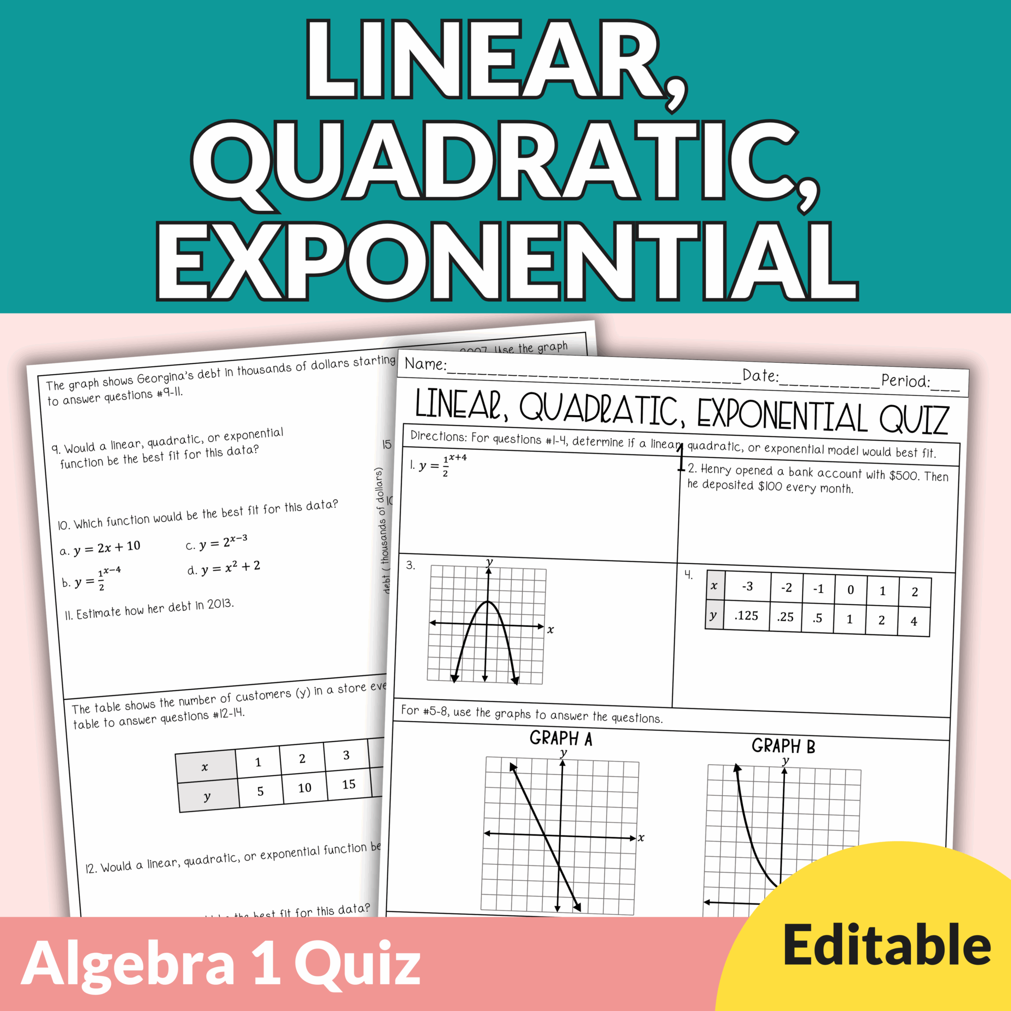Editable Linear, Quadratic, and Exponential Quizzes Comparing Functions ...