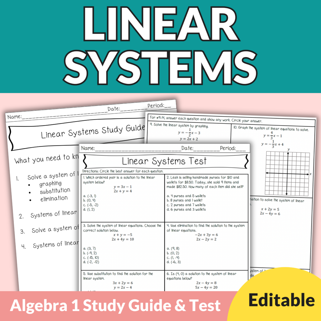 Solving Linear Systems Editable Test & Study Guide for 8th-11th Grade Algebra 1