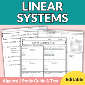 Solving Linear Systems Editable Test & Study Guide for 8th-11th Grade Algebra 1