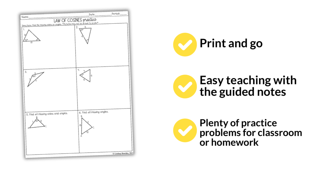 Law of Sines and Cosines, Triangle Area Notes and Worksheets for Grades 9th-11th - Image 6
