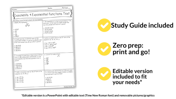 Exponents & Exponential Functions Test & Study Guide 9th - 11th | Editable Test - Image 5