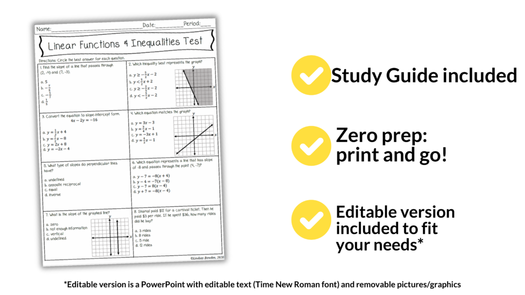 Linear Functions & Inequalities Editable Test & Study Guide for 9th-11th Algebra - Image 5