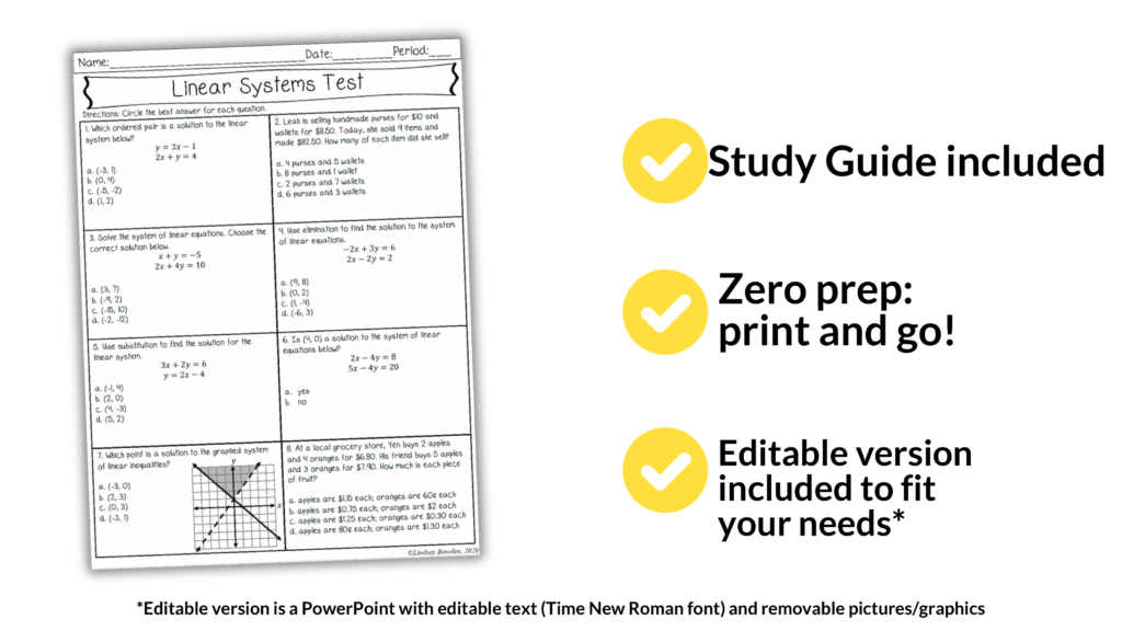 Solving Linear Systems Editable Test & Study Guide for 8th-11th Grade Algebra 1 - Image 5