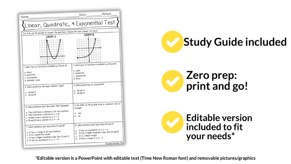 Linear, Quadratic, Exponential Test & Study Guide for 8th-11th Grade Algebra 1 - Image 5