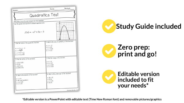 Quadratics Editable Test, Answer Key, Study Guide for 8th-11th Grade Algebra 1 - Image 5