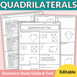 Quadrilaterals Editable Test, Answer Key, Study Guide for 9th-11th Geometry