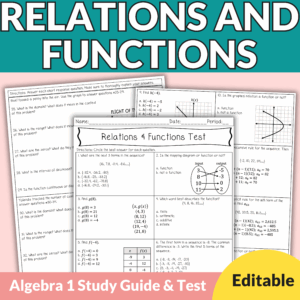 Relations and Functions Editable Test & Study Guide for 8th-11th Grade Algebra 1