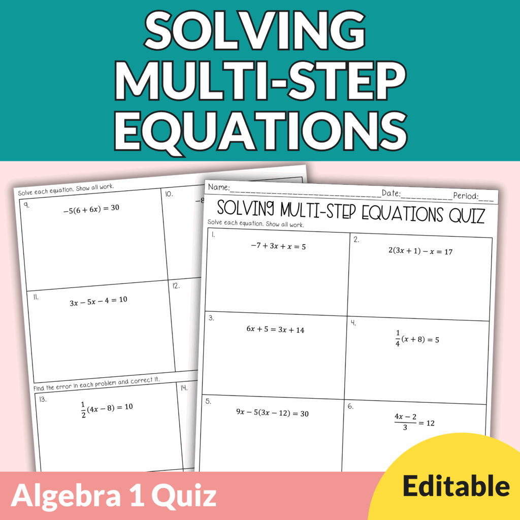 Solving Multi-Step Equations Editable Quiz with Error Analysis, Answer Key