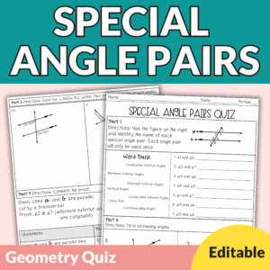 Editable Parallel Lines Cut by a Transversal Quiz with Answer Key for Geometry