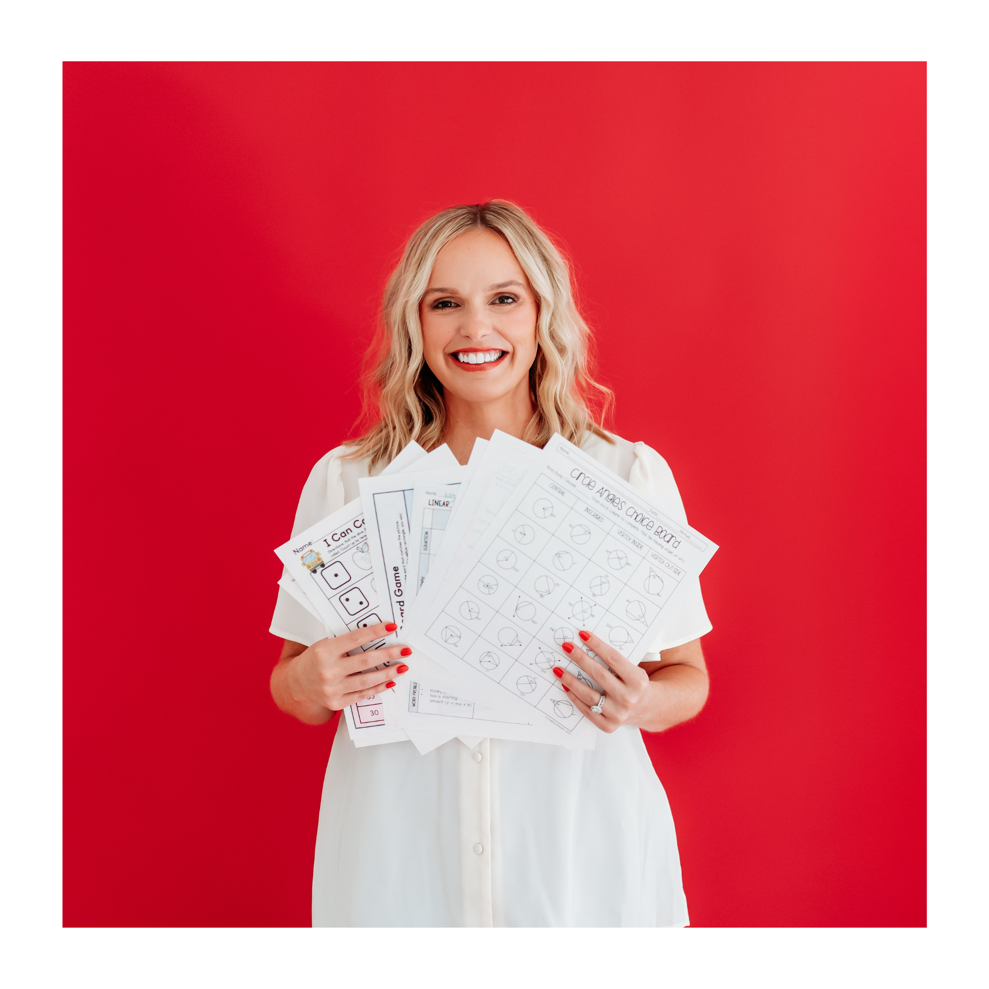 Lindsay Bowden holding teacher resources with a red background. A Former teacher showing moms and teachers how to earn extra income with a side hustle on TPT