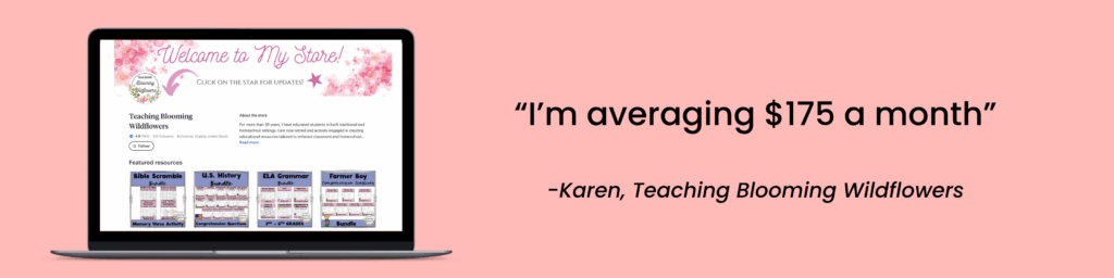 A testimonial from a member of the Teacher Resource Academy saying they are averaging $175 a month with a mockup of their TPT store.