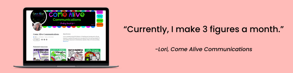 A testimonial from a member of the Teacher Resource Academy saying they are averaging 3 figures a month with a mockup of their TPT store.