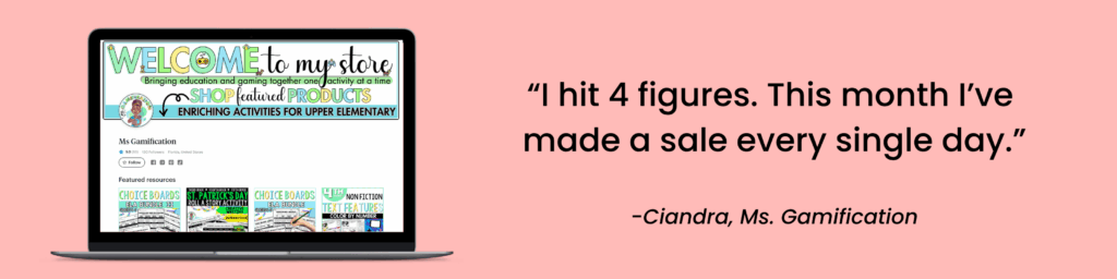 A testimonial from a member of the Teacher Resource Academy saying they earned 4 figures with a mockup of their TPT store.