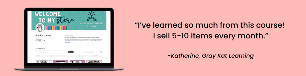 A testimonial from a member of the Teacher Resource Academy saying sold 5-10 resources a day with a mockup of their TPT store.
