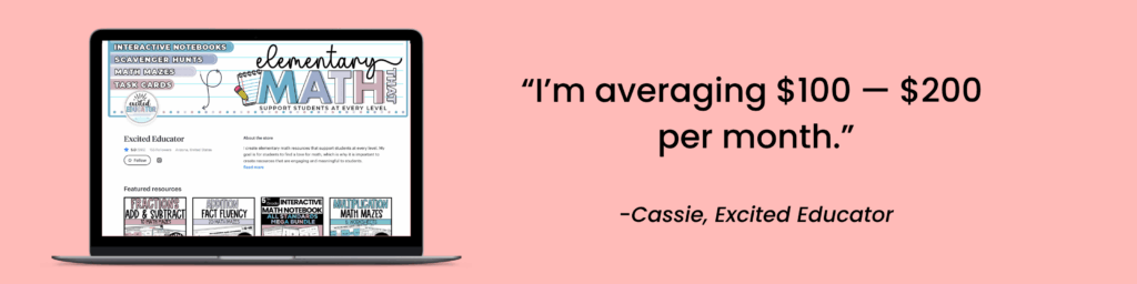 A testimonial from a member of the Teacher Resource Academy saying they are averaging $100-$200 a month with a mockup of their TPT store.