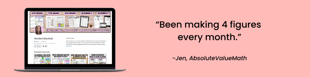 A testimonial from a member of the Teacher Resource Academy saying they are averaging 4 figures a month with a mockup of their TPT store.