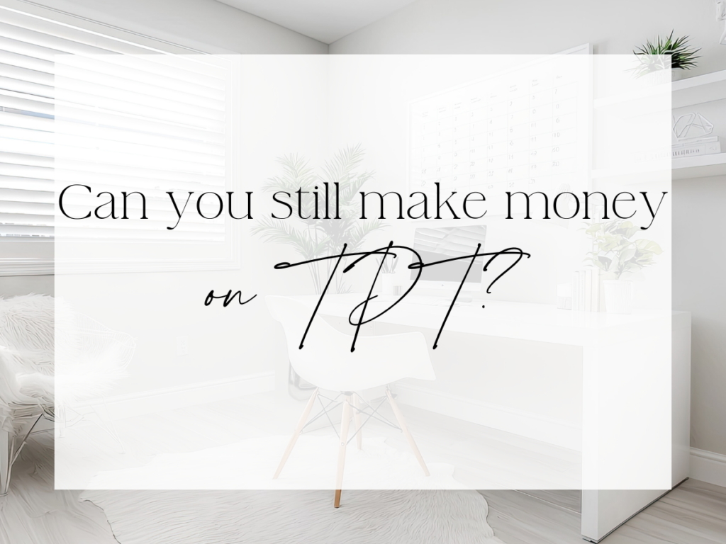 Minimal home office workspace graphic with text reading “Can you still make money on TPT?” representing a blog post about earning on Teachers Pay Teachers.