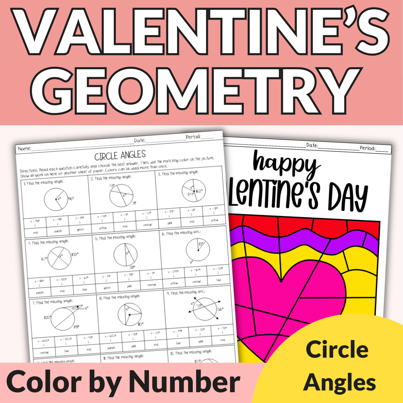 Finding and Measuring Circle Arc Angles Geometry Valentine's Day ...