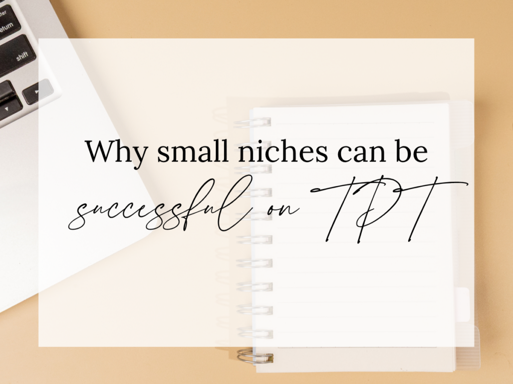 Small Niches Can Be Successful on Teachers Pay Teachers text overlay on a neutral workspace with a notebook and laptop, representing niche TPT businesses, SEO strategy, and online teacher entrepreneurship