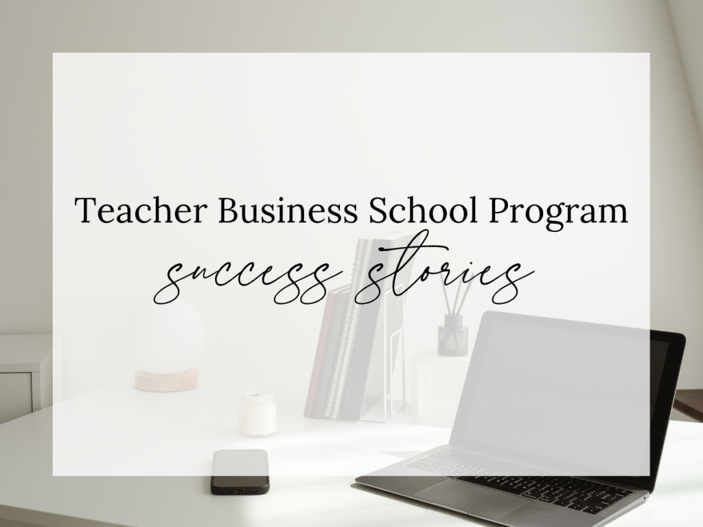 Text overlay reading "Teacher Business School Program Success Stories" on a clean, modern home office featuring a laptop, books, smartphone, candle, and minimalist desk décor. The image represents real teacher success stories from Teacher Business School programs, including Teachers Pay Teachers, Amazon KDP, and email marketing.